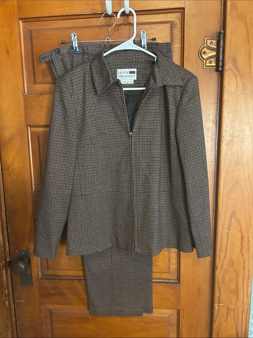 Vintage Leslie Fay Brown Houndstooth Zip Blazer and Matching Pants
